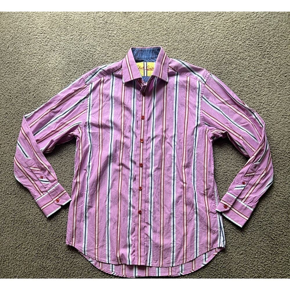 Robert Graham Mens Shirt Large Striped Long Sleeve Flip Cuff Pink Blue White